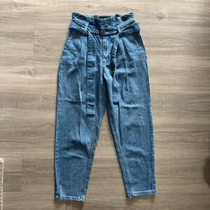 High waisted wide leg blue paper bag denim jeans